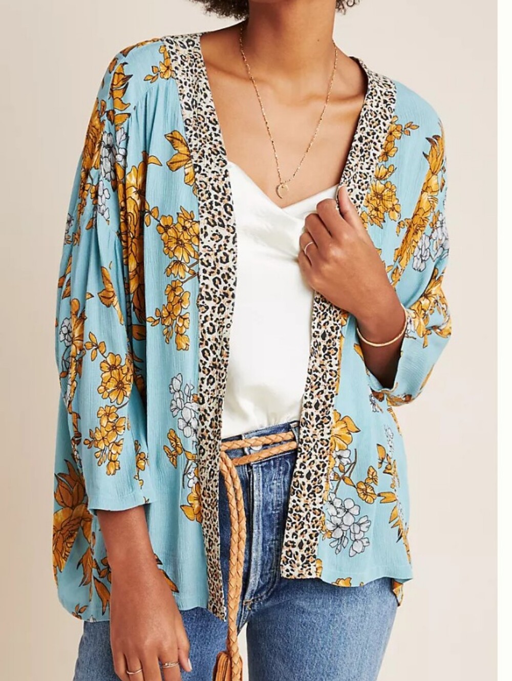 Anthropologie Light Blue Floral Kimono with Leopard Trim